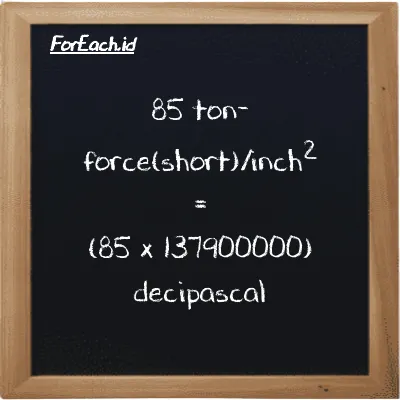 How to convert ton-force(short)/inch<sup>2</sup> to decipascal: 85 ton-force(short)/inch<sup>2</sup> (tf/in<sup>2</sup>) is equivalent to 85 times 137900000 decipascal (dPa)